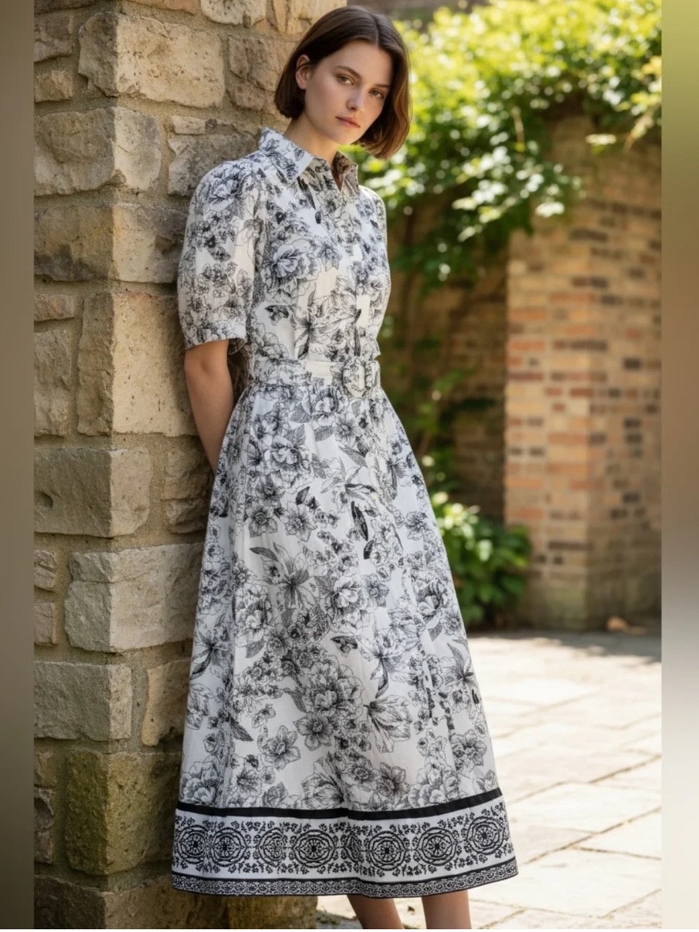 Joie 100% Cotton Floral Belted Midi Shirt Dress Size 10 Black /White Lightweight